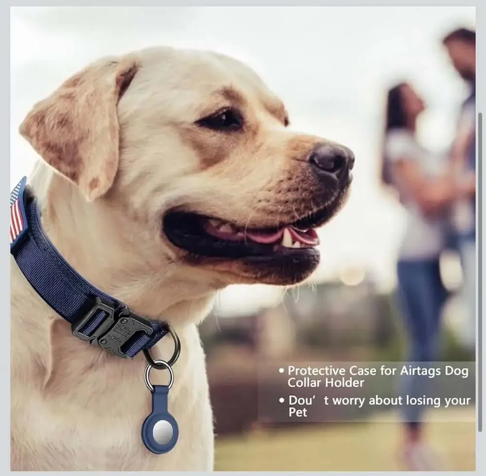 Tactical Dog Collar and Bungee Leash Set with AirTag Case and Patches, Navy Blue